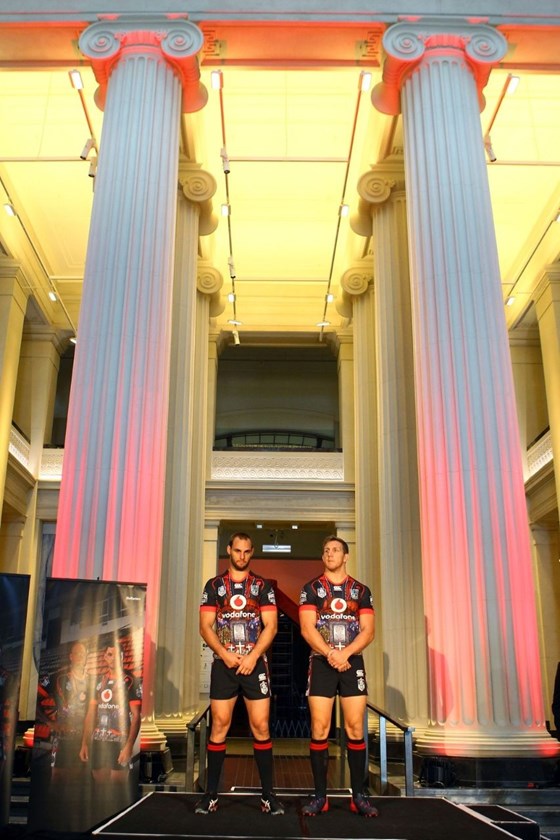 Simon Mannering (L) and Ryan Hoffman during the unveiling of the ANZAC playing shirt the Vodafone Warriors will be wearing during their match against the Titans on ANZAC day. Auckland Museum, New Zealand. 25 March 2015. Copyright Photo: William Booth / www.photosport.co.nz